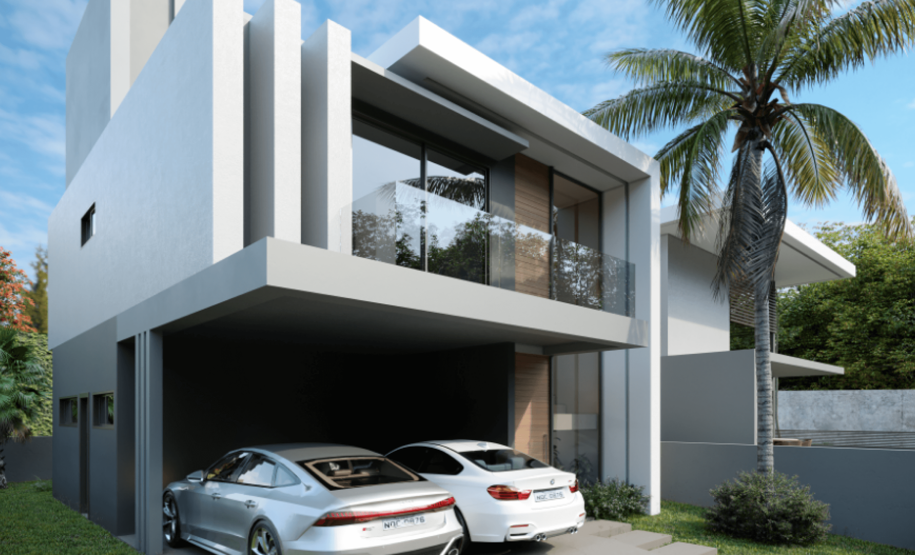 A white colored house with a palm tree in front of it and two cars parked in the garage